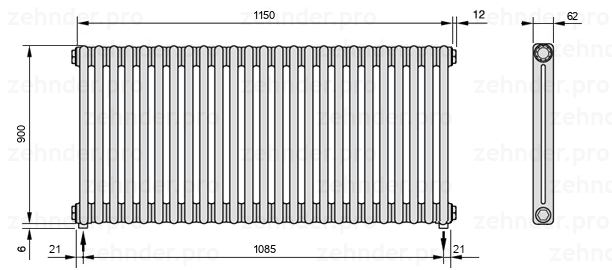 Схема (чертеж) Радиатор Zehnder Charleston 2090/25 №5310 Белый глянцевый RAL 9016